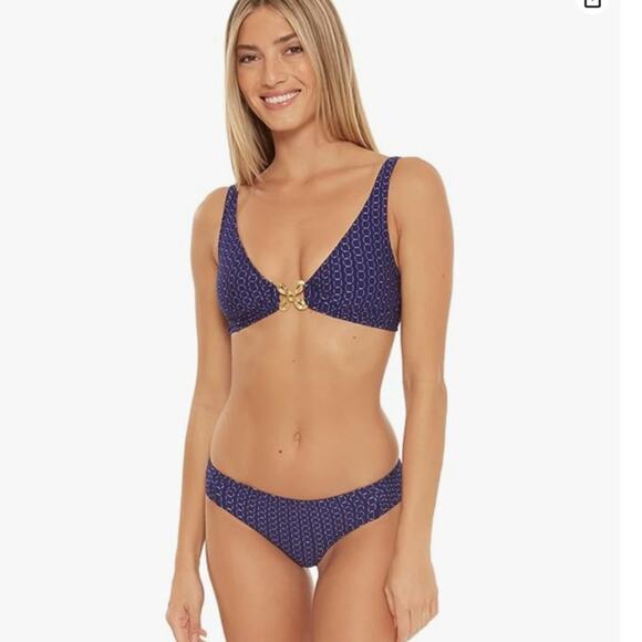 NWT MSRP$98 Trina Turk Adeline Metallic Over-The-Shoulder Halter Navy  sz 12 - Picture 1 of 3